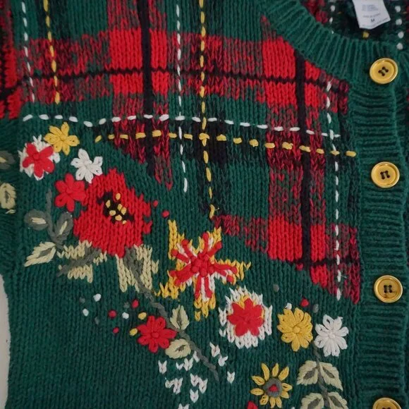 Vintage Pendleton Green Plaid Floral Knit Cotton Preppy Cardigan Grandmacore M - Picture 8 of 10